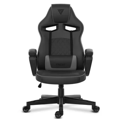 A black and gray gaming chair is shown from the front on a white background.