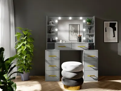 Productafbeelding van Make-uptafel Broadway, 110X140X40 Cm, met verlichting, 8 lades, spiegel, grijs