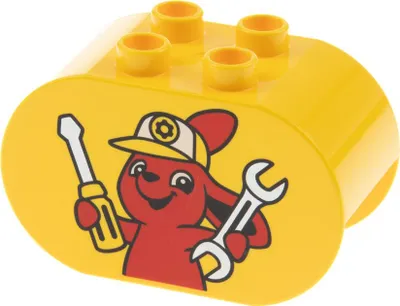 Produktbild von 1x Lego Duplo Bau Stein 2x4x2 abgerundet gelb bedruckt Hase Werkzeug 4198pb24