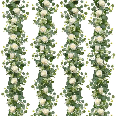 Obrázek produktu pro Umělá květinová girlanda, 4 kusy, bílá, eukalyptus, růžová girlanda, 180 cm, dekorace z hedvábných květin