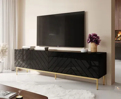 Produktbild von TV Lowboard Schrank Fernsehkommode ABETO 200 schwarz / goldener Rahmen 200 x 52 x 41,6cm