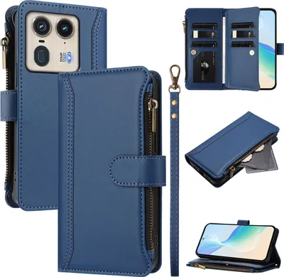 Produktbild von Handyhülle für Motorola Moto Edge 50 Ultra Reißverschluss Geldbörse Kunstleder Klapphülle mit Kartensteckplatz, Ständer, Handschlaufe Dunkelblau