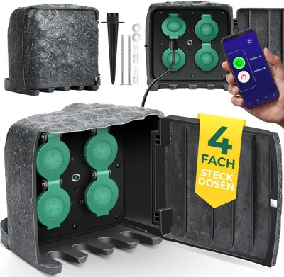 Produktbild von KESSER® Gartensteckdose Steinoptik mit 4 Steckplätzen - mit WiFi Funktion Steuerung per App - Inkl.Erdspieß, Mehrfachsteckdosen aussen mit 3m Verlängerungskabel Außensteckdose IP44 Dämmerungssensor