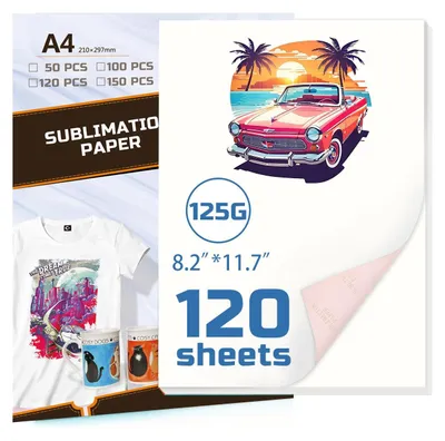 Obrázek produktu pro 120 listů sublimačního papíru A4 125 g/m² na bavlnu, kov, keramiku a sklo - vysoká přesnost barev a rychlé schnutí