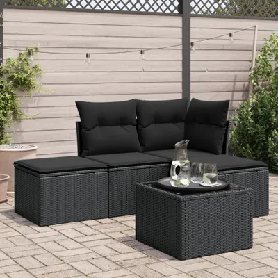 Produktbild von Design 5-tlg. Garten-Sofagarnitur mit Kissen Schwarz Poly Rattan, Gartenmöbel-Sets 2024 Neu