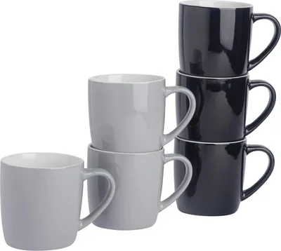 Produktbild von Argon Ta Farbige Kaffeetassen – 350 ml – Schwarz/Grau – 6er-Pack – Robuste Teetasse aus Steingut, spülmaschinen- und mikrowellengeeignet