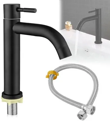 Produktbild von Unyqoos® Schwarze Kaltwasser-Armatur für Bad & Gäste-WC – mattes Edelstahl 304, inkl. 60 cm flexibler Anschlussschlauch und Standard-38-Anschluss