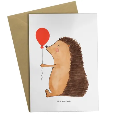 Produktbild von Mr. & Mrs. Panda Klappkarte Igel Luftballon - Weiß - Geschenk, Lustige Sprüche, Glückwunsch, kommunionskarte, osterkarte, einladungskarten, Grußkarte, Geburtstag, Ballon
