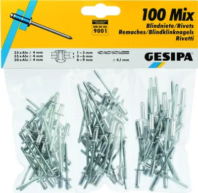 Produktbild von Gesipa Blindnieten Sortiment 100 Stück, Flachrundkopf, aus Alu/Stahl ö 4,1 mm