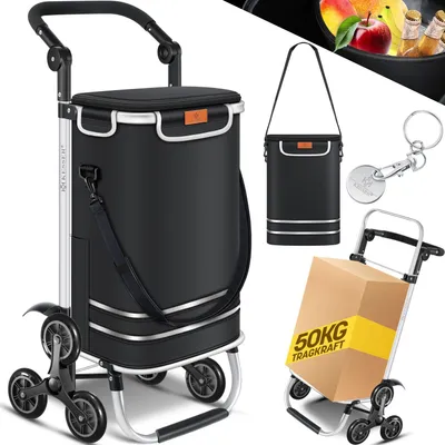 A collage of product images showing a shopping trolley, a shoulder bag, a keychain, and a box on a white background.