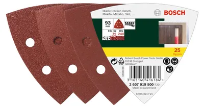 Immagine prodotto di Set di fogli abrasivi per levigatrice delta, 93 mm, 60 - 240, 6 fori, confezione da 25
