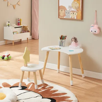 Produktbild von Kinderschreibtisch mit Stuhl 'Lallega' in Mond- und Stern-Design Kiefernholz + MDF Weiß