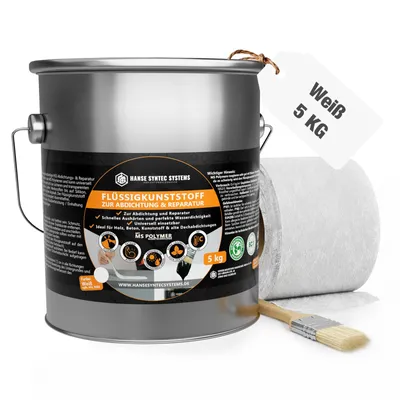 Produktbild von Flüssigfolie Dicht Set DIY 5kg Weiß inkl. Pinsel & Vlies – Abdichtung Set sofort dicht, 3-fach Ergiebigkeit, lösemittel- & bitumenfrei