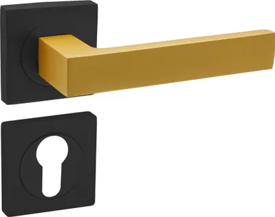 Produktbild von DOMINO Türgriff Drückergarnitur PZ - Profilzylinder Set | mit quadratischen PZ Rosetten| Türklinke für Zimmertür, Bürotür, Kellertür & Innentür| Türbeschläge aus Aluminium| Schwarz/Gold Türdrückergarnitur| QUBIK-QR BLACK /K-GOLD MATT