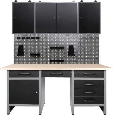 Produktbild von Ondis24 Metall Werkstatt Set 160 cm "Harry" Werkbank + 3x Schrank Arbeitshöhe 85 cm abschließbar höhenverstellbare Füße Arbeitsplatte Holz Werkstatteinrichtung Packtisch Werktisch Werkstatttisch Montagewerkbank Hängeschrank Werkzeugschrank Werkstattschrank Werkzeugwand Werkstattwand Werkzeughalter Lochblech Lochwand