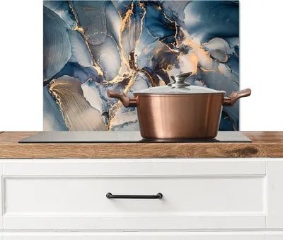 Produktbild von KitchenYeah®  Spritzschutz Küche - Küchenrückwand - Wandschutz für Herd und Spüle - Marmor - Grau - Blau - Luxus - Gold 70x50 - Alu-Dibond (Alternative zum Spritzschutz aus Glas) - Hitzebeständig - He