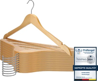 Produktbild von VonBueren 10 x Kleiderbügel Holz | 44,5 x 22 cm je Bügel/Holzbügel | Holzkleiderbügel | 360 Grad drehbar | Hangers Clothes Wooden