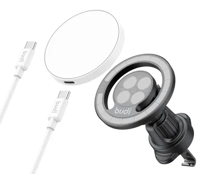 Produktbild von Budi 15 W kabelloses Ladegerät + Autohalterung mit 1,2 m Kabel