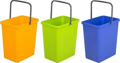 Produktbild von Universal set mit 3 Männern für Mülltrennung mit praktischem Griff aus hochwertigem BPA-Material, gelb/grün/blau, 17,5 x 26 x 29 cm (L x B x H)