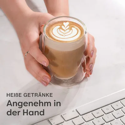 Immagine prodotto di 4 bicchieri termici da cappuccino a doppia parete da 250 ml - Mantengono la temperatura più a lungo - Proteggono le mani - Con confezione regalo