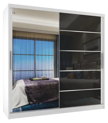 Image de BELINI Verona MGB, armoire coulissante de 200 cm, blanc/noir, finition brillante - Armoire avec miroir et 2 tiroirs, idéale pour la chambre