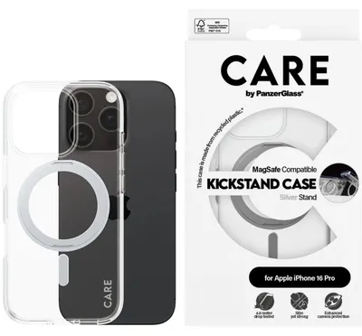 Produktbild von PanzerGlass CARE™ by ® Case Transparent m. Silber Kickstand & MagSafe iPhone 16 Pro, Cover, Apple, Apple - iPhone 16 Pro, Transparent