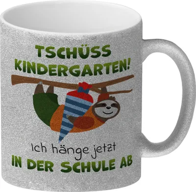 Produktbild von Tschüss Kindergarten Faultier Glitzer-Kaffeebecher für die Einschulung
