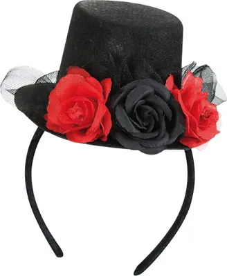Produktbild von Haarreif mit Zylinder und Rot Schwarzen Rosen Karneval Fasching Party Halloween