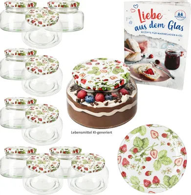 Image de Lot de 12 pots à yaourt 435 ml, bocaux à confiture, fraises des bois, couvercles, confiture
