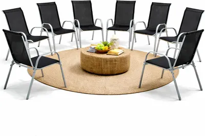 8xOutdoorstuhl Gartenstuhl Stapelstuhl Metall Silber Textilen Schwarz