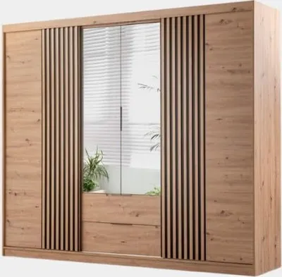 Produktbild von Easy4You Majorka Eiche Artisan Kleiderschrank 251x213x59 cm mit Spiegel - Schlafzimmermöbel, Aufbewahrung – Mehrzweckschrank mit 2 Schubladen und 2 Kleiderstangen