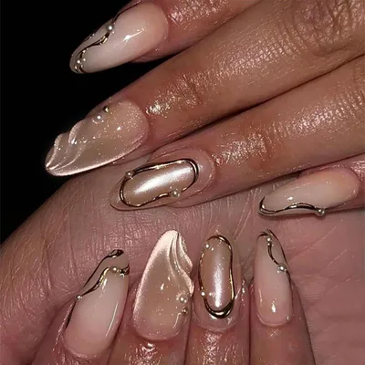 Obrázek produktu pro Kurz o nehtech na nalepení, barva zlatá, nude, efekt "kočičí oko", tvar mandlový, umělé nehty s magnetickým gradientem a perlovým designem, 24 kusů
