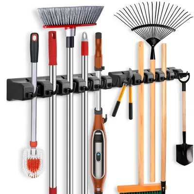 Wandbesenhalter 2er-Set, 5 Fächer, 6 Haken, schwarz