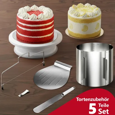Produktbild von Aurelia Home Torten-Zubehör-Set 5 Teile – Backzubehör mit verstellbarem Tortenring 15 cm hoch, Tortenschneider, Tortenheber, drehbarer Tortenplatte und Streichpalette
