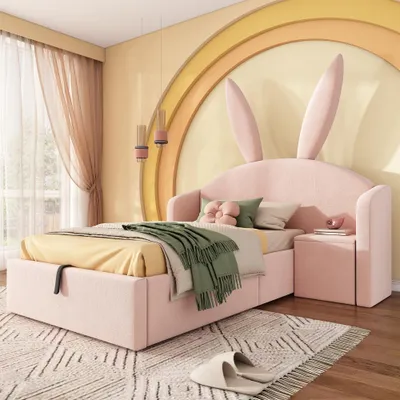 Obrázek produktu pro Pohodlná dětská postel s úložným prostorem a nočním stolkem, design s "králičími ušima", ideální čalouněná postel pro děti, rozměry 90x200 cm, růžová (bez matrace)