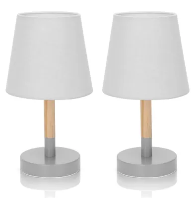 Produktbild von Aigostar Nachttischlampe 2er Set Holz, Moderne Tischlampe mit Stoffschirm und Metallfuß, E14 Fassung, Tischleuchte für Schlafzimmer, Wohnzimmer, Arbeitszimmer – Grau