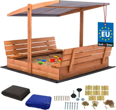 Produktbild von KOTARBAU® Sandkasten mit Abdeckung 140 x 140 cm Großer Braun Holzsandkasten mit Grau Dach Sandkasten mit Deckel Sandkasten mit Dach Gartenspielzeug Kinder imprägniert verschließbar mit Bänken