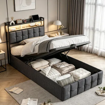 Zdjęcie produktu dla Łóżko tapicerowane, 90x200 cm, jednoosobowe, z podświetleniem LED i portem USB, łóżko hydrauliczne z pojemnikiem na pościel w zagłówku, łóżko młodzieżowe, rama łóżka z listwami, len, kolor szary