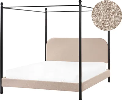 Produktbild von BELIANI Himmelbett Taupe Bouclé-Stoffbezug u. Metall mit Lattenrost 160x200 cm Hohes Kopfteil Modernes Design Doppelbett mit Baldachin Himmel