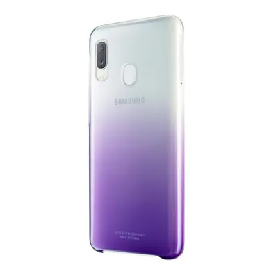 A back view of a Samsung smartphone with a gradient purple and white color.