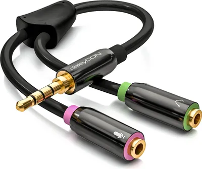Produktbild von deleyCON Kopfhörer Headset Splitter – Audio Klinken Y Adapter Kabel Stereo - 1x 3,5mm Klinke Stecker auf 2x 3,5mm Klinke Buchse - Kopfhörer und Mikrofon auf 1x Klinke Anschluss