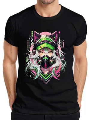 Productafbeelding van Cyberpunk anime, kattenmeisje, gasmasker, kattenoren, Japan, Y2K, otaku, heren T-shirt, zwart, XL