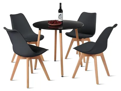 Obrázok produktu pre Krúhly kuchynský stôl s 4 stoličkami, materiál: MDF/bukové drevo, farba: čierna, priemer stola: 80 cm