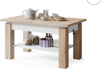 A modern coffee table with a wooden top and white base, set against a white background.