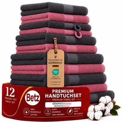 Produktbild von Betz 12-tlg. Handtuch-Set PREMIUM 2 Duschtücher 4 Handtücher 2 Gästetücher 2 Seiftücher 2 Waschhandschuhe Farbe: graphit / beere