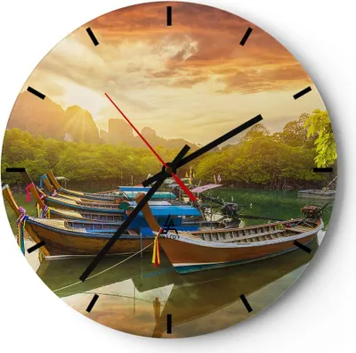 Produktbild von Wanduhr - Rund - Glasuhr - Berge Boot Wasser - 30x30cm - Schleichendes Uhrwerk - Lautlos - zum Aufhängen bereit - Dekoration Modern - Wanddekoration aus Glas - C3AR30x30-4003