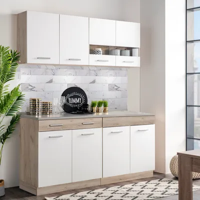 Produktbild von Homestyle4u Küchenzeile 160 cm breit ohne Geräte hell Weiß matt Küchenzeile ohne Geräte Einbauküche Singleküche Eiche