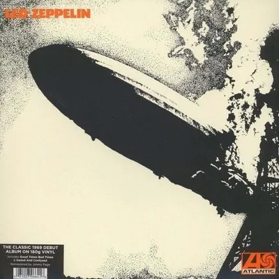 Album cover art for Led Zeppelin I, featuring a black and white illustration of the Hindenburg airship disaster.