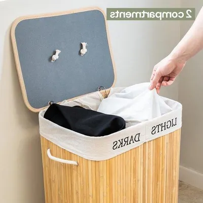 Image de Panier à linge pliable de 72 litres avec couvercle et poignées en bambou