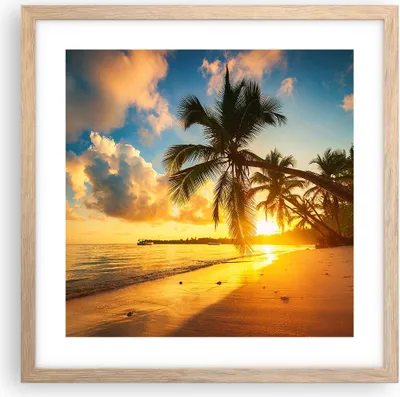 Produktbild von Gerahmtes Poster - Rahmen in heller Eiche - Meer Strand Palme - 40x40 cm - Wand Bild - Wanddeko - Wandbilder - Wandposter - Bilderrahmen - Bilder - Kunstdruck - Wandbild - P2NAC40x40-3922